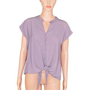 Pink Rose Plum Haze Button-Down Blouse Tie Front Detail SZ Med Pastel Cap Sleeve